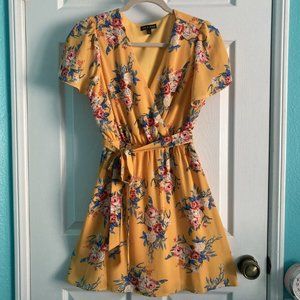 AS U WISH yellow floral dress with tie belt, Size Small